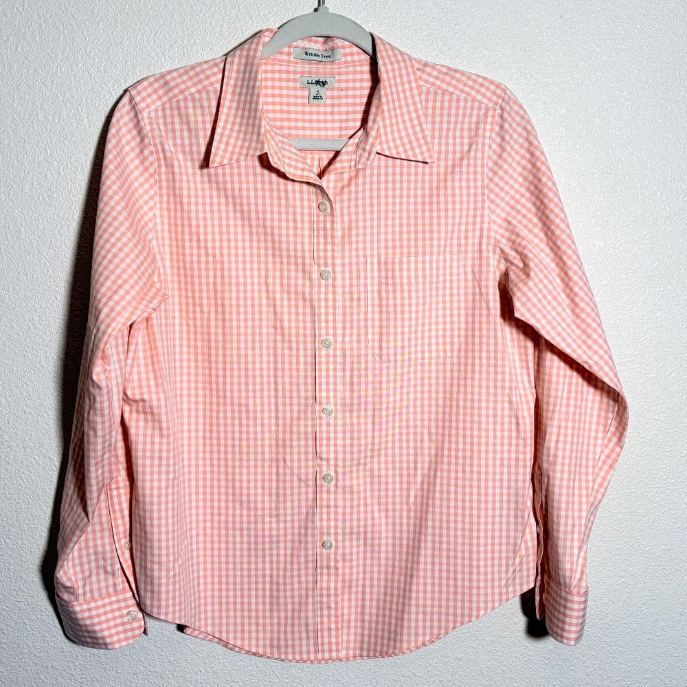 L.L. Bean Wrinkle-Free Pinpoint Oxford Pink White Shirt SIZE S